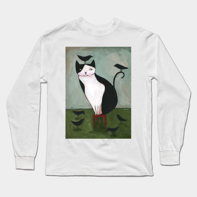 Tuxedo Cat and Crow Friends Long Sleeve T-Shirt by KilkennyCat Art